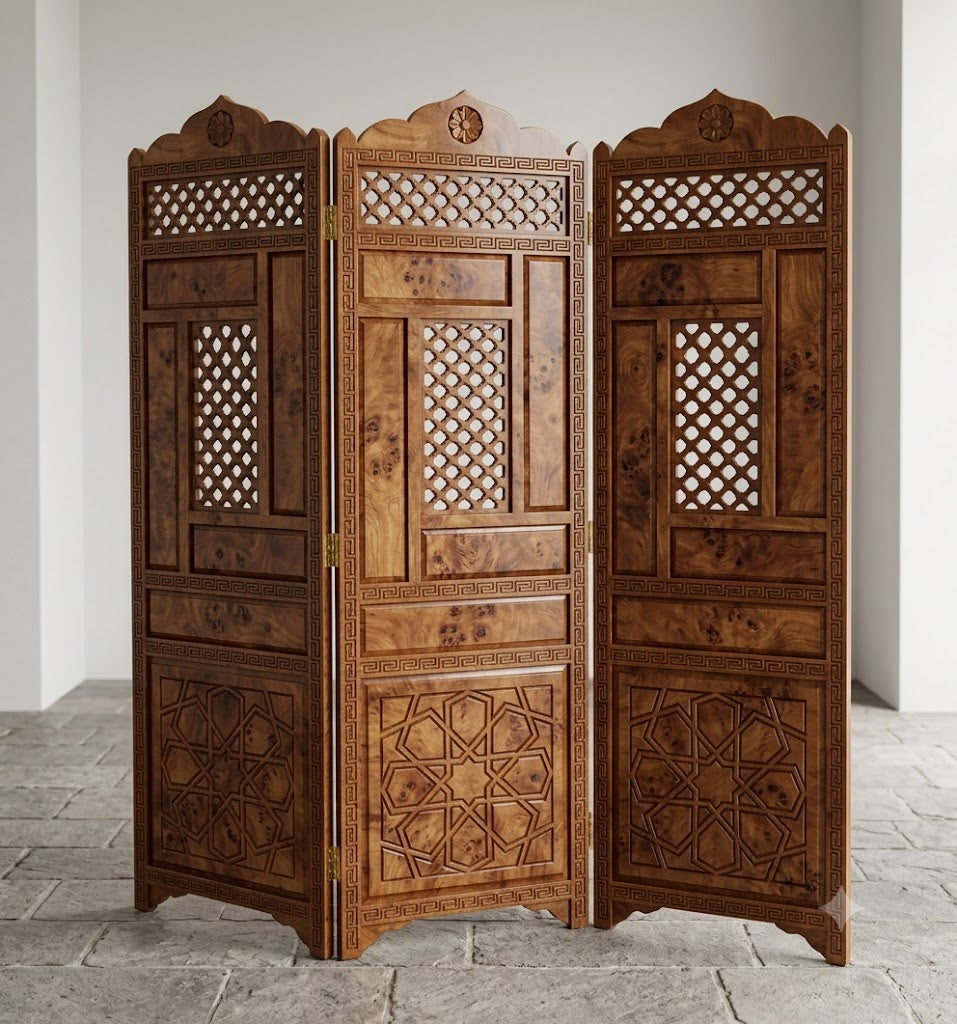 Handcrafted Moroccan Thuya Wood Room Divider – Carved 3-Panel Folding Screen