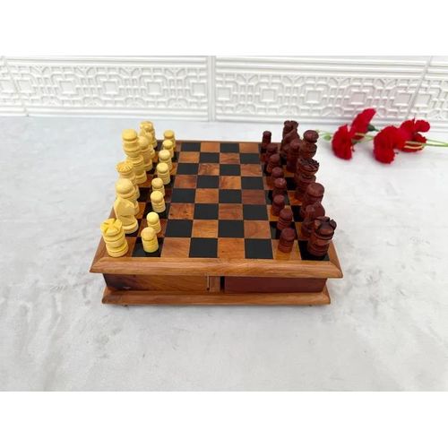 Moroccan Thuya Wood Chess Set – Handcrafted Rotating Drawer Chessboard