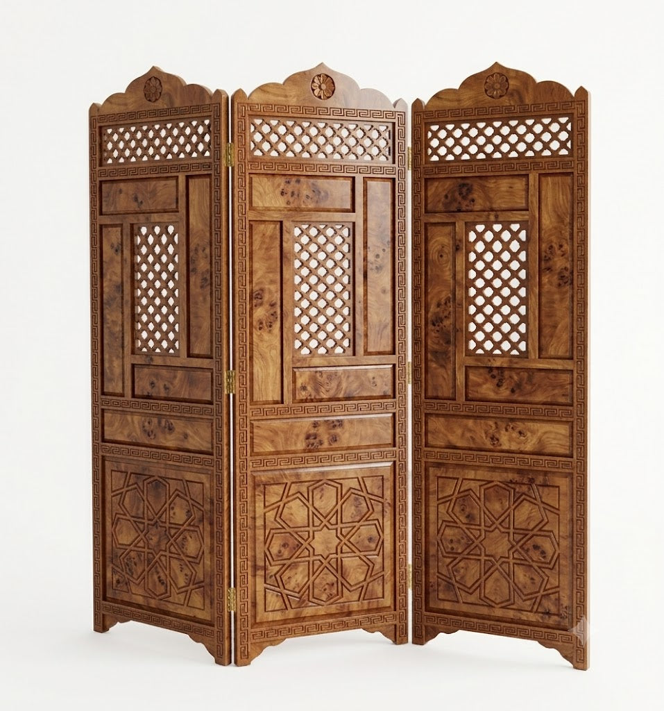 Handcrafted Moroccan Thuya Wood Room Divider – Carved 3-Panel Folding Screen