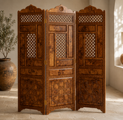 Handcrafted Moroccan Thuya Wood Room Divider – Carved 3-Panel Folding Screen