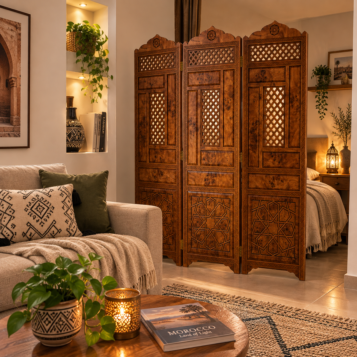 Handcrafted Moroccan Thuya Wood Room Divider – Carved 3-Panel Folding Screen