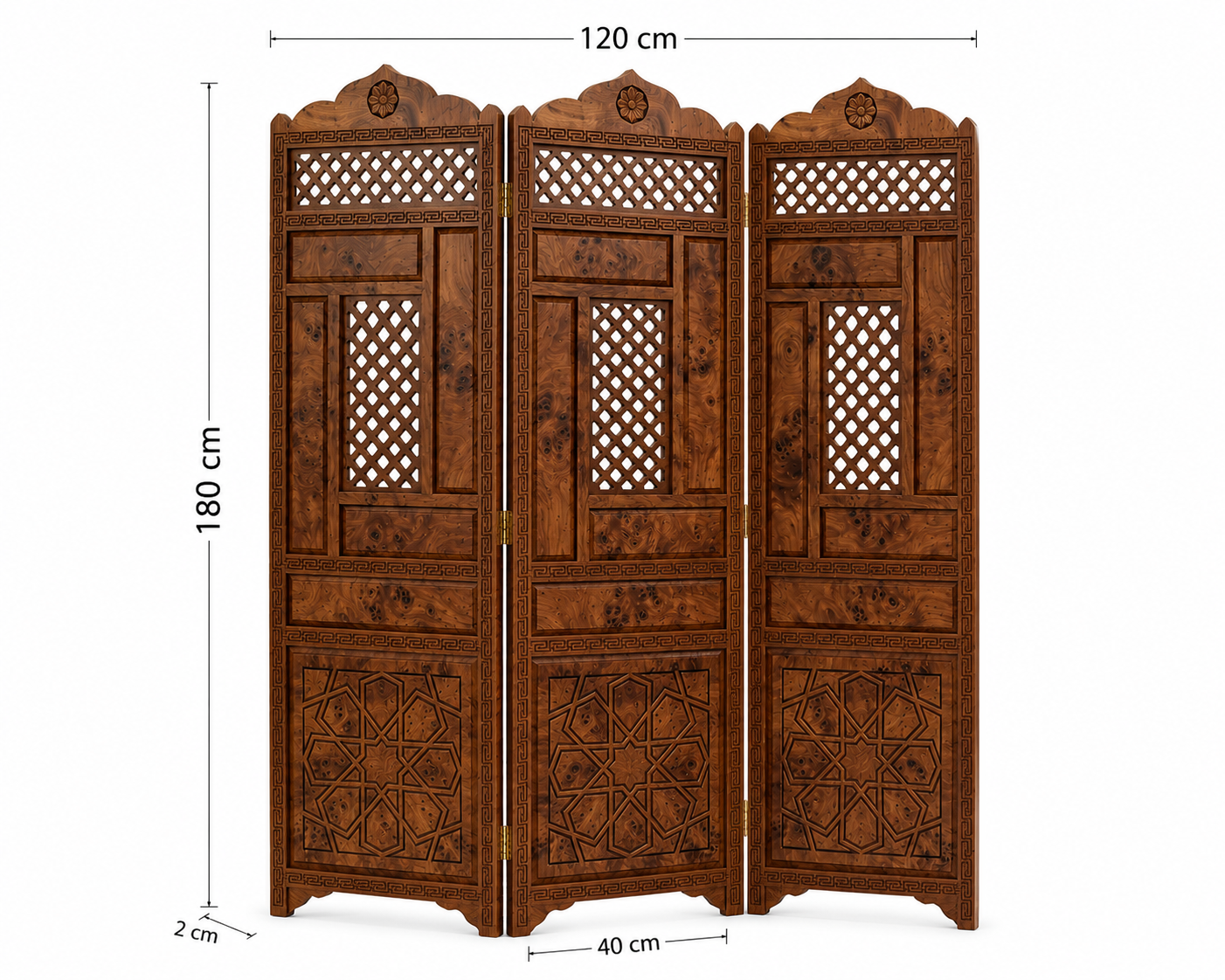 Handcrafted Moroccan Thuya Wood Room Divider – Carved 3-Panel Folding Screen
