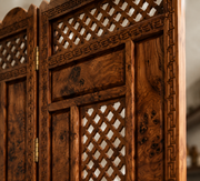 Handcrafted Moroccan Thuya Wood Room Divider – Carved 3-Panel Folding Screen