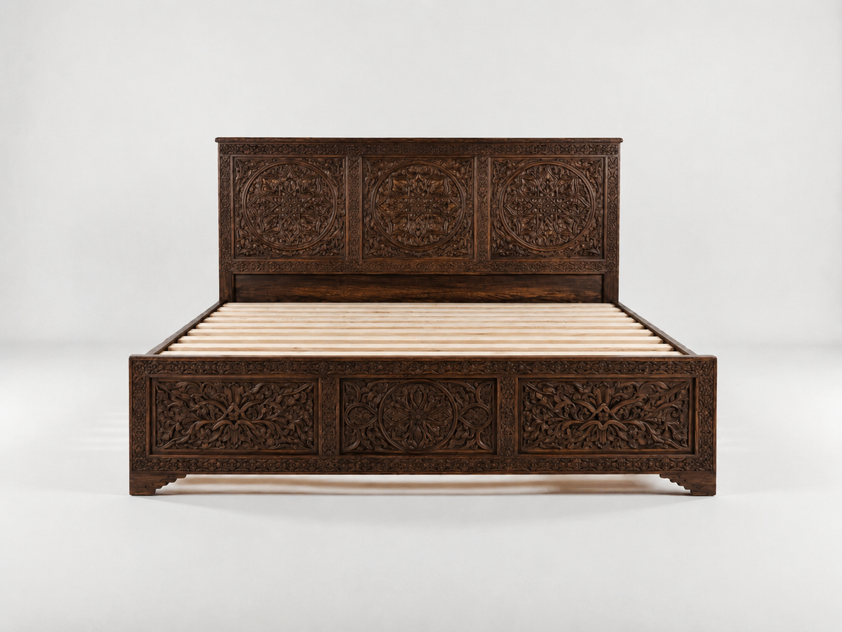 Hand-Carved Moroccan Luxury Wood Bed