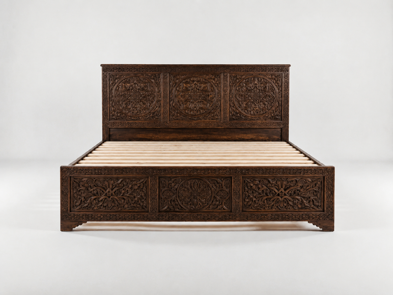 Hand-Carved Moroccan Luxury Wood Bed