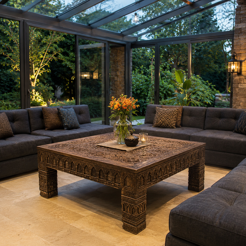 Hand-Carved Moroccan Solid Wood Coffee Table – Geometric Artisan Table