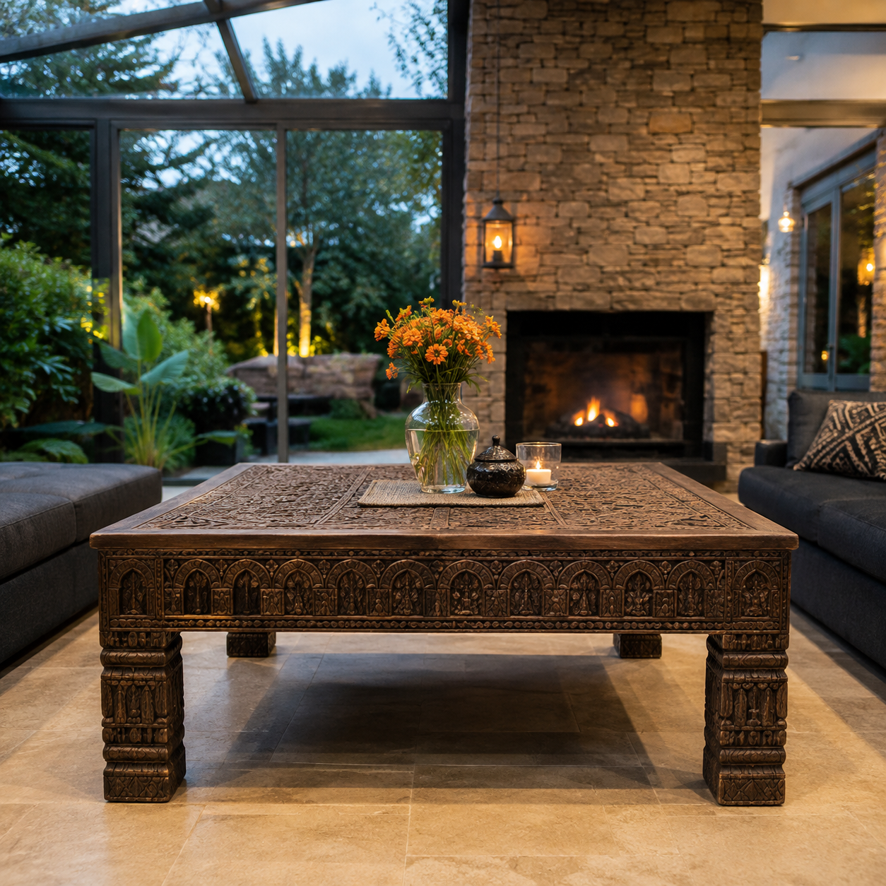 Hand-Carved Moroccan Solid Wood Coffee Table – Geometric Artisan Table