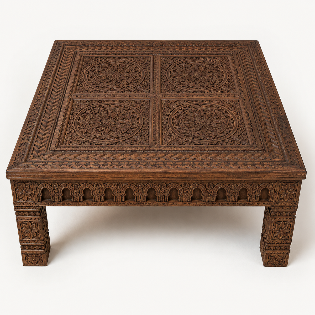 Hand-Carved Moroccan Solid Wood Coffee Table – Geometric Artisan Table