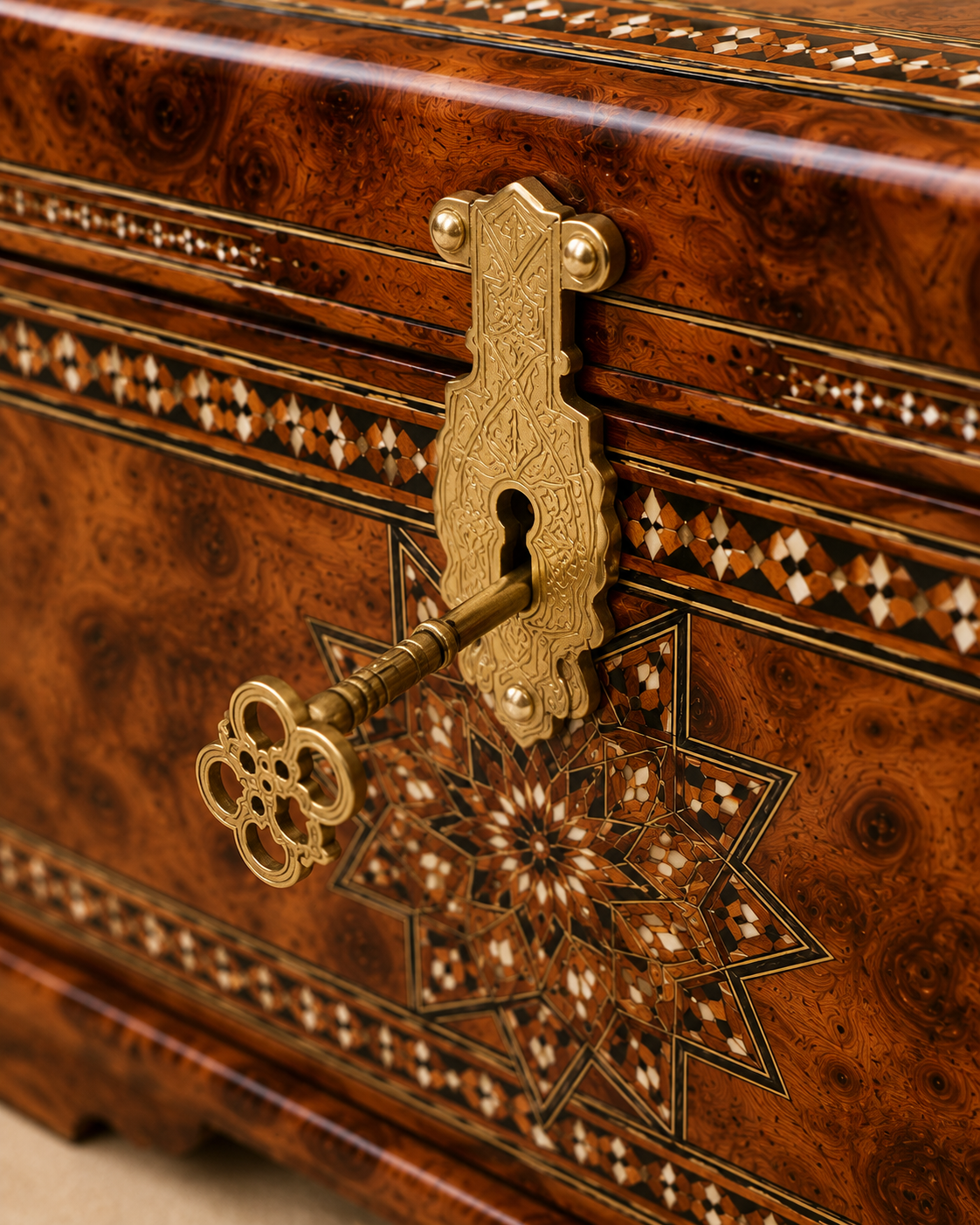 Large Moroccan Thuya Wood Chest – Handcrafted Inlaid Storage Box