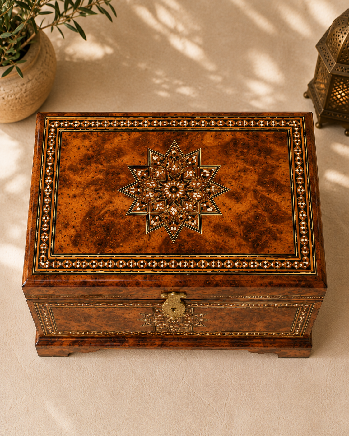 Large Moroccan Thuya Wood Chest – Handcrafted Inlaid Storage Box