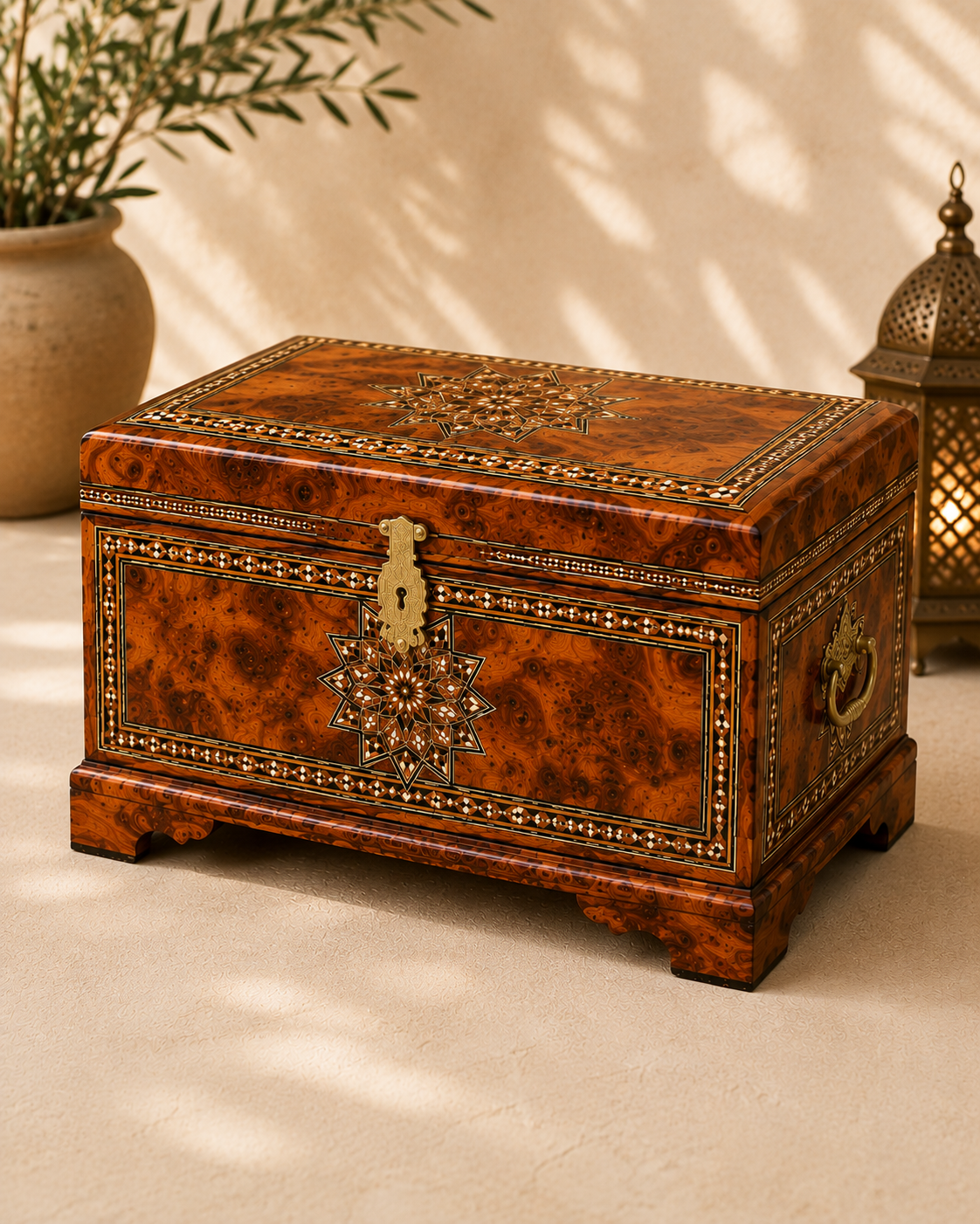 Large Moroccan Thuya Wood Chest – Handcrafted Inlaid Storage Box