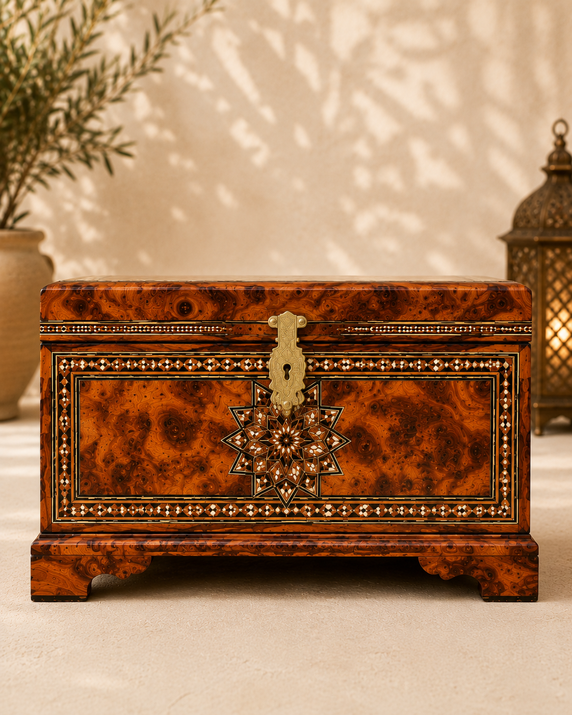 Large Moroccan Thuya Wood Chest – Handcrafted Inlaid Storage Box