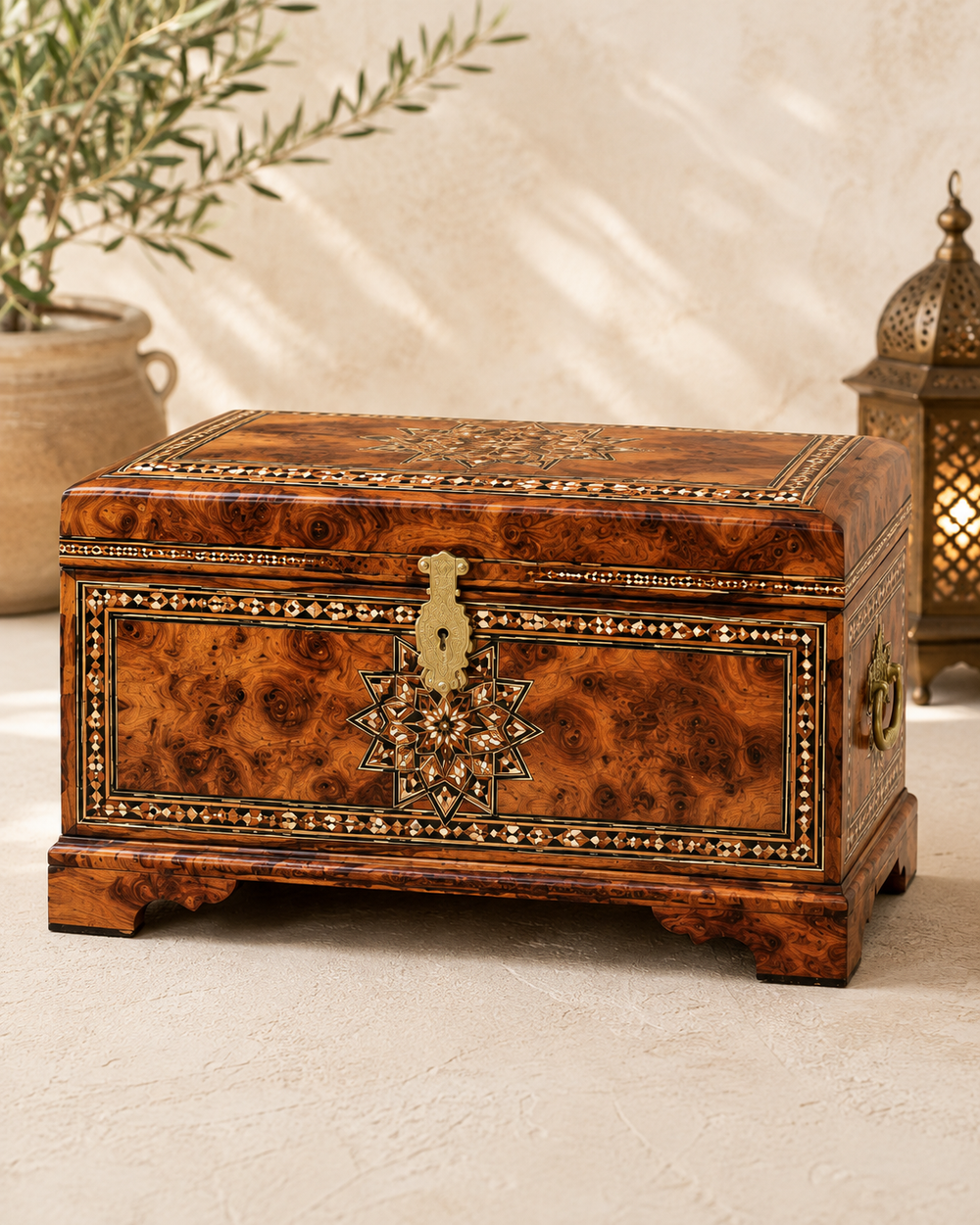 Large Moroccan Thuya Wood Chest – Handcrafted Inlaid Storage Box
