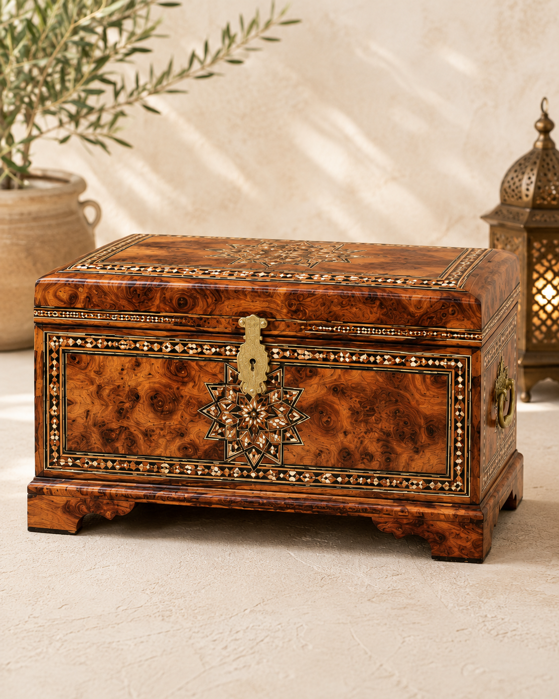 Large Moroccan Thuya Wood Chest – Handcrafted Inlaid Storage Box
