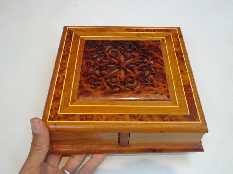 Moroccan Thuya Wood Jewelry Box – Handcrafted Carved Multi-Compartment Keepsake Box