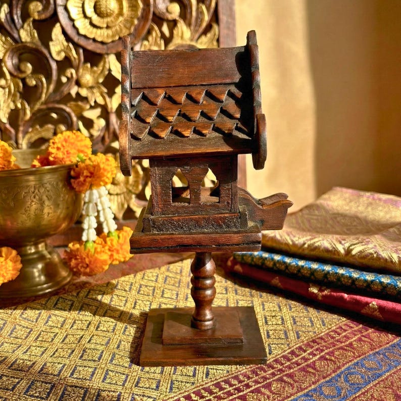 Hand-Carved Wooden Spirit House Sculpture – Architectural Decorative Art on Pedestal