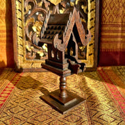 Hand-Carved Wooden Spirit House Sculpture – Architectural Decorative Art on Pedestal