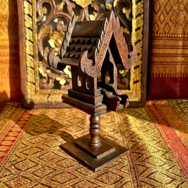 Hand-Carved Wooden Spirit House Sculpture – Architectural Decorative Art on Pedestal