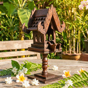 Hand-Carved Wooden Spirit House Sculpture – Architectural Decorative Art on Pedestal