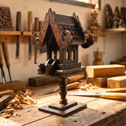 Hand-Carved Wooden Spirit House Sculpture – Architectural Decorative Art on Pedestal