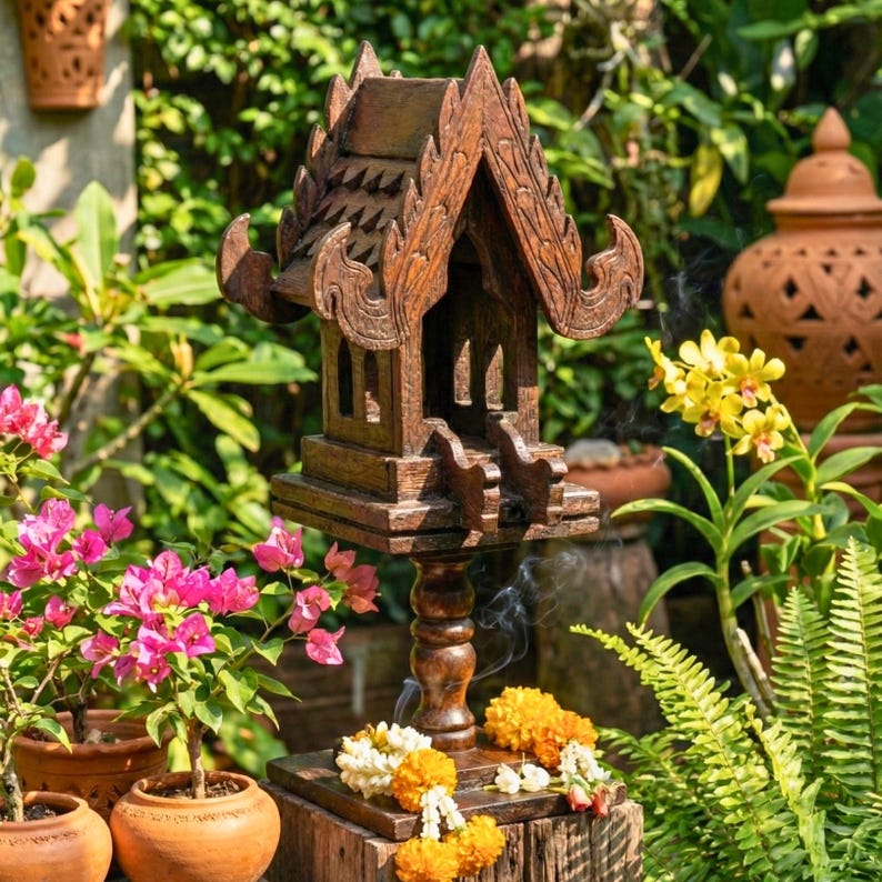 Hand-Carved Wooden Spirit House Sculpture – Architectural Decorative Art on Pedestal