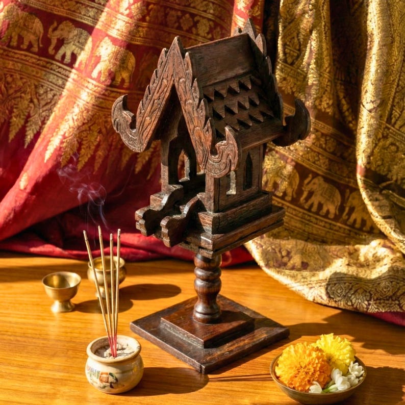 Hand-Carved Wooden Spirit House Sculpture – Architectural Decorative Art on Pedestal