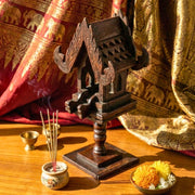 Hand-Carved Wooden Spirit House Sculpture – Architectural Decorative Art on Pedestal