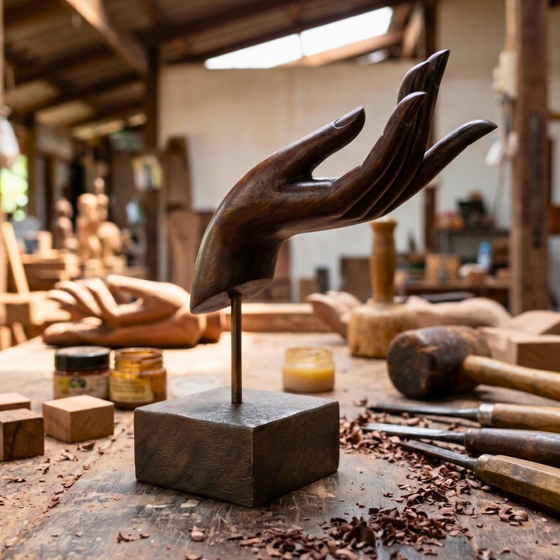 Hand-Carved Moroccan Thuya Wood Hand Sculpture – Artisan Decorative Art