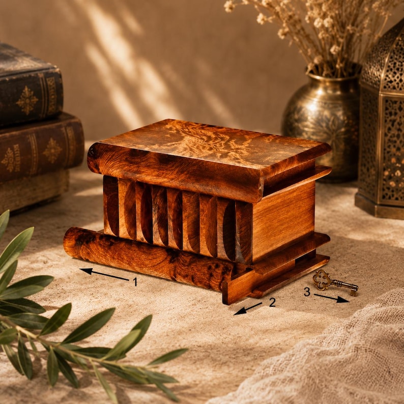 Handcrafted Wooden Puzzle Box – The Perfect Secret Stash Moroccan Thuya Wooden Jewelry or money Box thuya wood Secret opening magic box