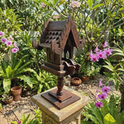 Hand-Carved Wooden Spirit House Sculpture – Architectural Decorative Art on Pedestal